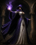 GRID THUMBNAIL — Hooded female sorceress in ornate purple and white robes conjures glowing violet magic inside a shadowy stone hall with arched columns.