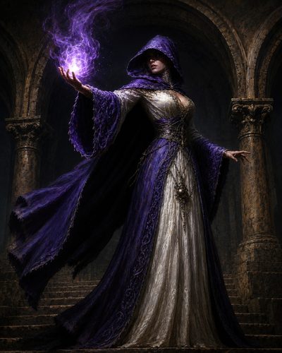 GRID THUMBNAIL — Hooded female sorceress in ornate purple and white robes conjures glowing violet magic inside a shadowy stone hall with arched columns.