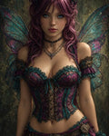 GRID THUMBNAIL — Close-up portrait of a purple-haired fairy with turquoise, glittering wings and ornate corset, jewellery and belts, set against a dark, textured background.