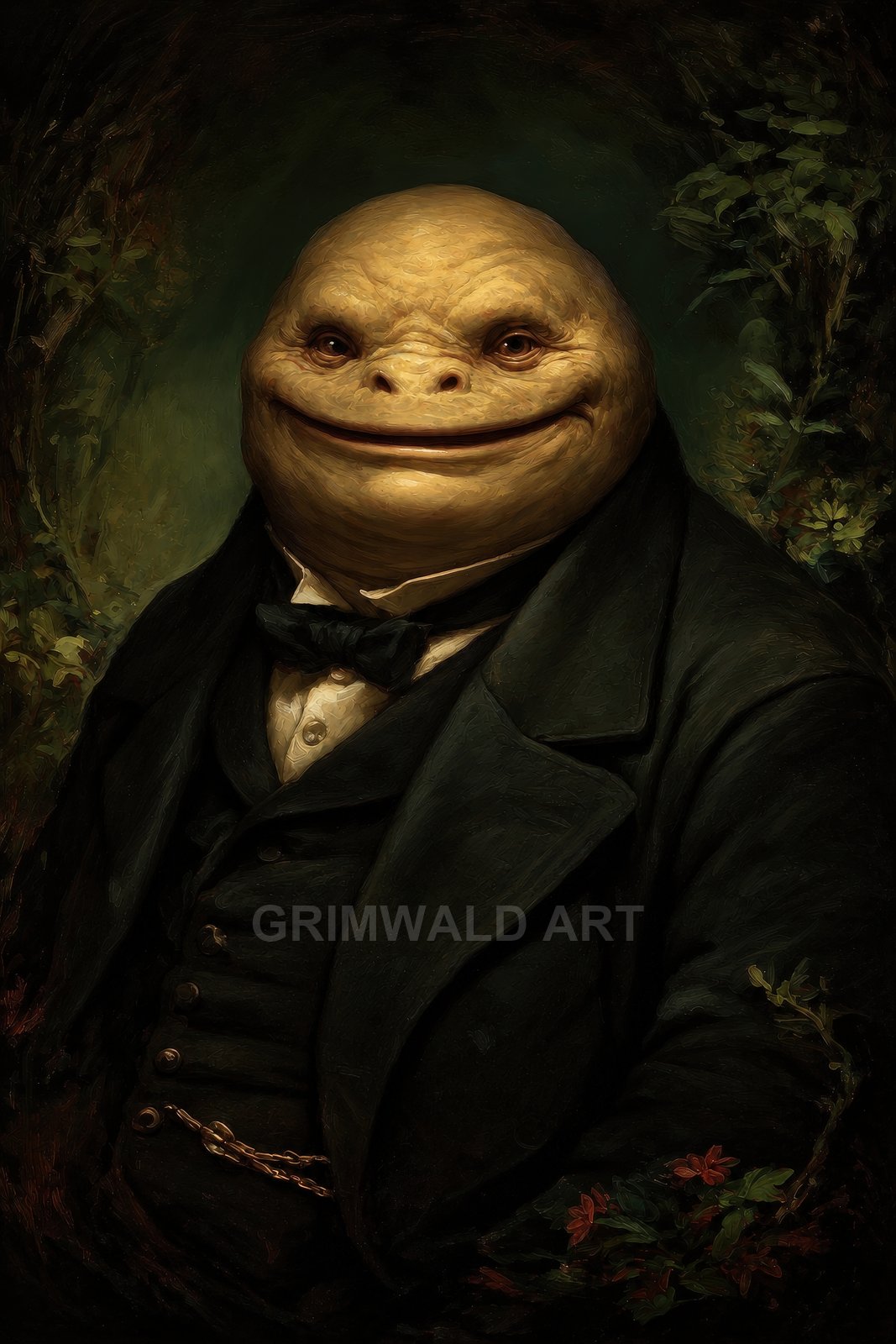 Oil portrait of a smiling toad-faced gentleman in a black Victorian suit and bow tie, seated against dark green foliage.