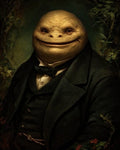 GRID THUMBNAIL — Oil portrait of a smiling toad-faced gentleman in a black Victorian suit and bow tie, seated against dark green foliage.