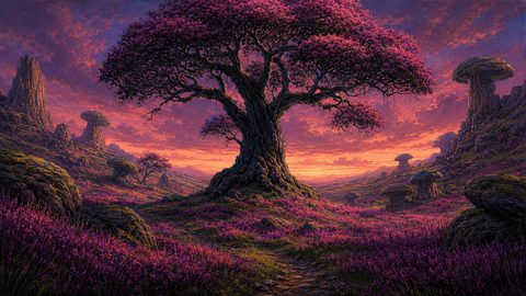 GRID THUMBNAIL — Fantasy landscape with an ancient blossoming tree amid purple heather, mushroom-like rock formations, and a glowing orange sunset sky over rolling valleys.