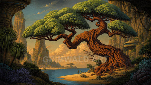 A massive, twisted tree leans over a calm lakeshore, with karst spires, retro-futuristic cliff dwellings, and warm golden-hour clouds above two tiny distant figures.