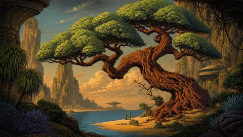 GRID THUMBNAIL — A massive, twisted tree leans over a calm lakeshore, with karst spires, retro-futuristic cliff dwellings, and warm golden-hour clouds above two tiny distant figures.