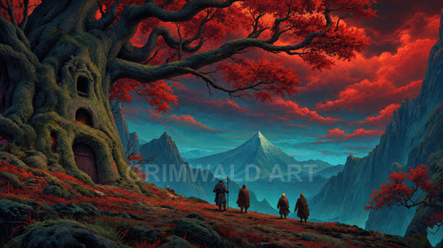 Vast fantasy valley beneath red-clouded sky, dominated by a colossal tree with carved doors and four travellers gazing toward a distant sharp mountain peak.