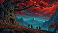 GRID THUMBNAIL — Vast fantasy valley beneath red-clouded sky, dominated by a colossal tree with carved doors and four travellers gazing toward a distant sharp mountain peak.