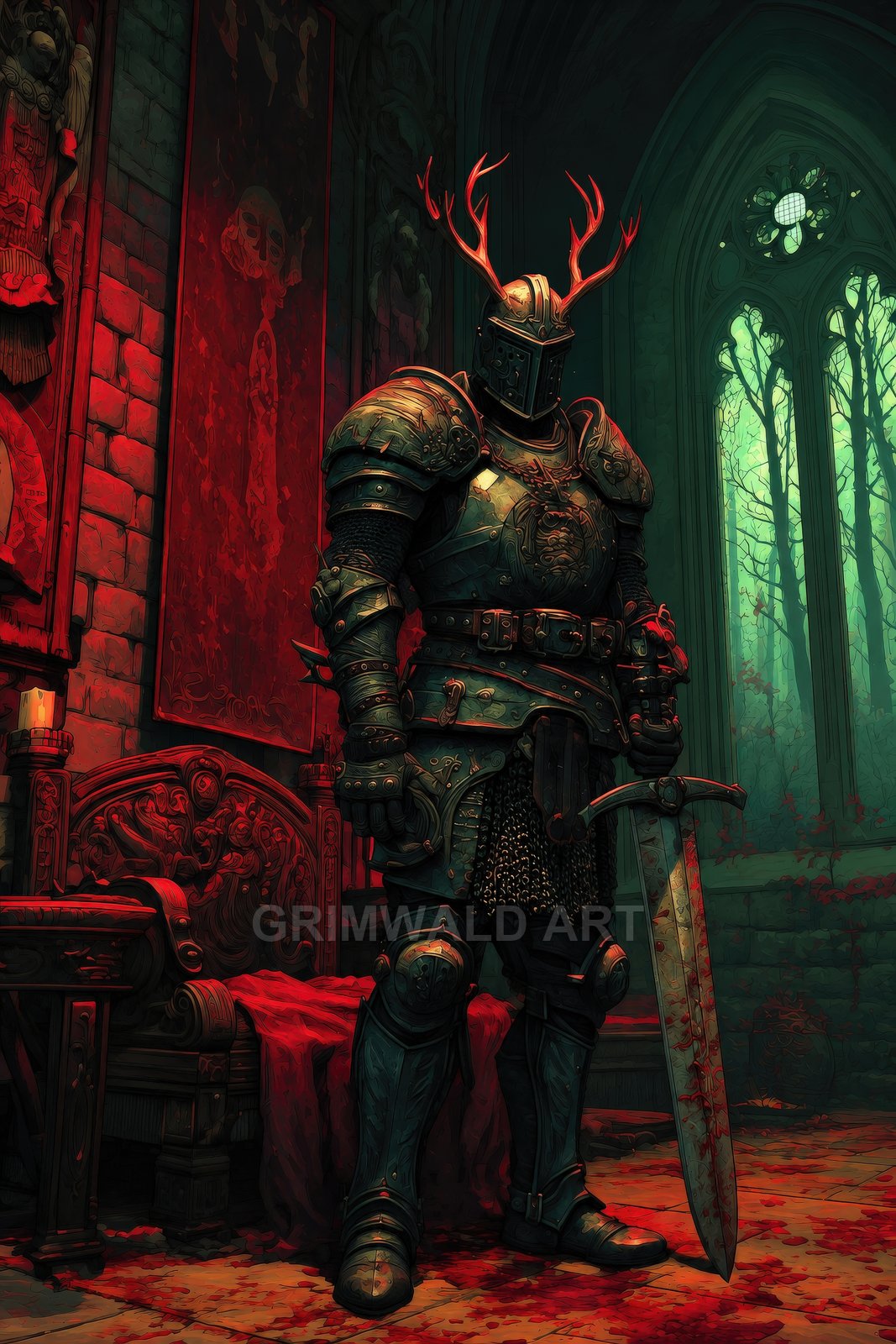 Armoured knight with antlered helm stands in a gothic cathedral interior, holding a bloodied sword amid red drapery, candles and stained-glass light.