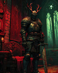 GRID THUMBNAIL — Armoured knight with antlered helm stands in a gothic cathedral interior, holding a bloodied sword amid red drapery, candles and stained-glass light.