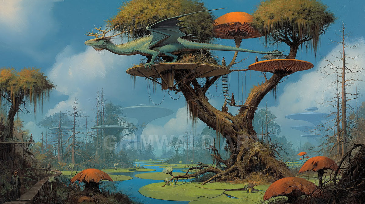 Antlered dragon perches on tree platforms amid giant orange mushrooms above a blue swamp with lily pads, rope ladders, and distant misty trees.