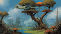 GRID THUMBNAIL — Antlered dragon perches on tree platforms amid giant orange mushrooms above a blue swamp with lily pads, rope ladders, and distant misty trees.