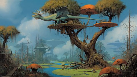 GRID THUMBNAIL — Antlered dragon perches on tree platforms amid giant orange mushrooms above a blue swamp with lily pads, rope ladders, and distant misty trees.