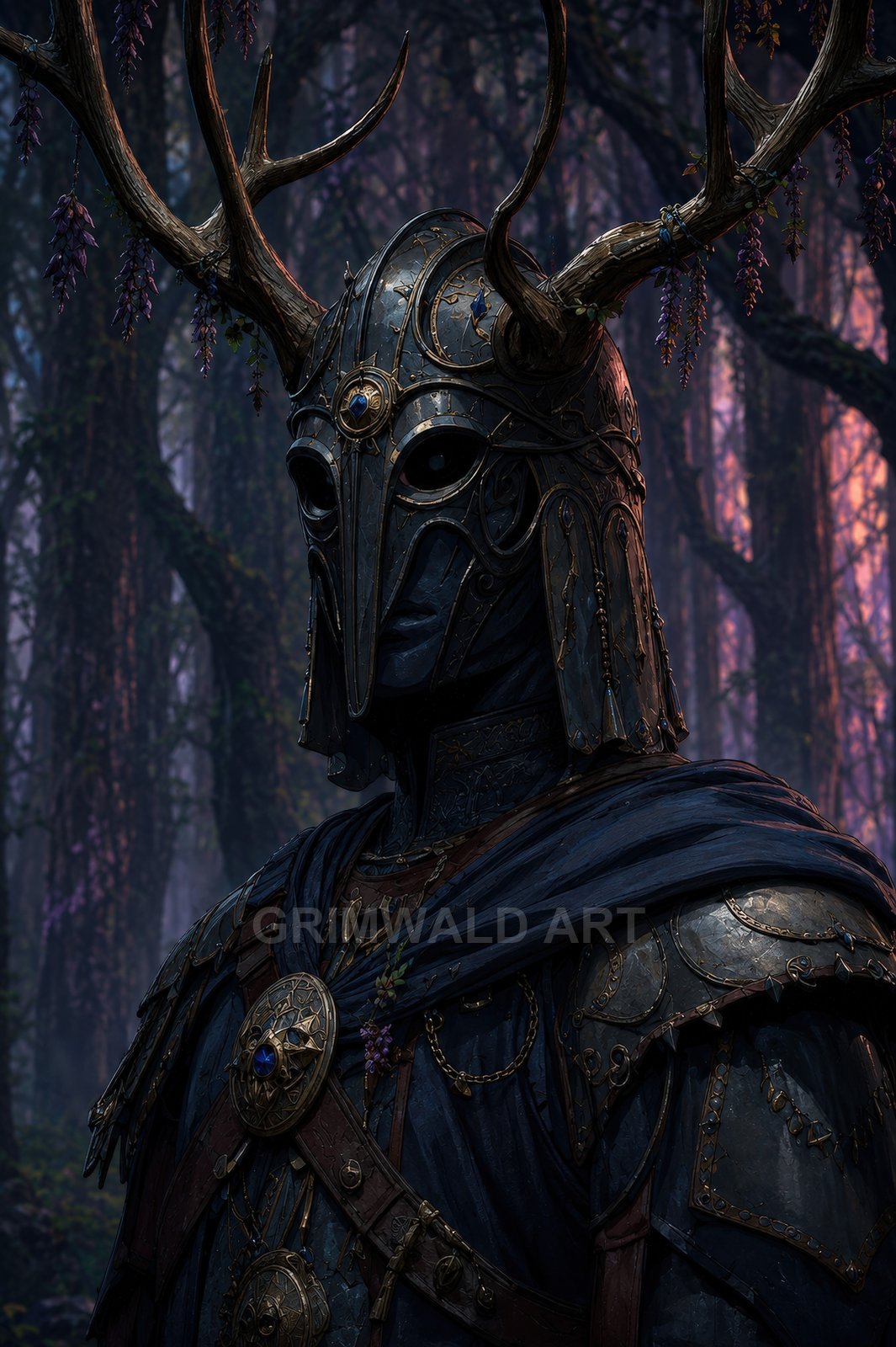 Armoured figure with elaborate antlered helm and blue cloak stands in a shadowy forest at dusk, ornate gold details and gemstones.