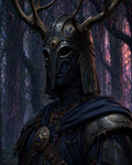 GRID THUMBNAIL — Armoured figure with elaborate antlered helm and blue cloak stands in a shadowy forest at dusk, ornate gold details and gemstones.