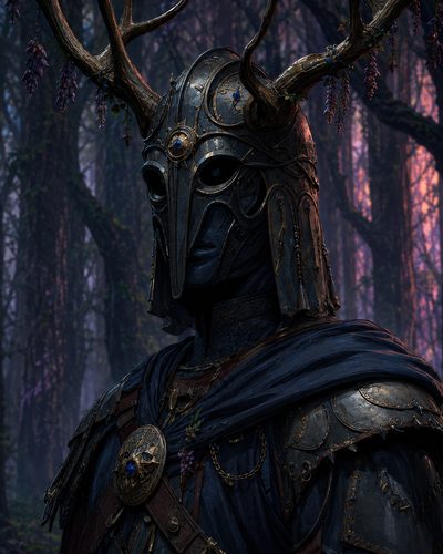 GRID THUMBNAIL — Armoured figure with elaborate antlered helm and blue cloak stands in a shadowy forest at dusk, ornate gold details and gemstones.