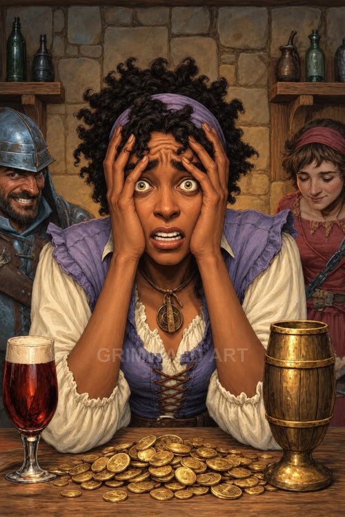 Anxious tavern woman clutching her head before a heap of gold coins, flanked by a smirking armoured man and quiet patron in warm firelight.