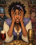 GRID THUMBNAIL — Anxious tavern woman clutching her head before a heap of gold coins, flanked by a smirking armoured man and quiet patron in warm firelight.