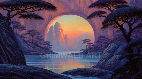 A vast circular stone arch frames distant jagged mountains above a calm reflective lake, with shadowed trees and cliffs under a glowing sunset sky.