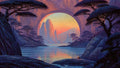 GRID THUMBNAIL — A vast circular stone arch frames distant jagged mountains above a calm reflective lake, with shadowed trees and cliffs under a glowing sunset sky.