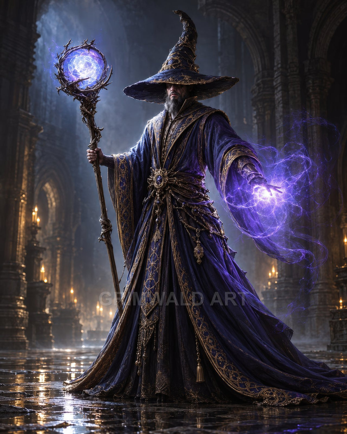 Bearded wizard in ornate purple-blue robes casts violet energy with a crystal-topped staff inside a candlelit gothic cathedral with wet stone floor.