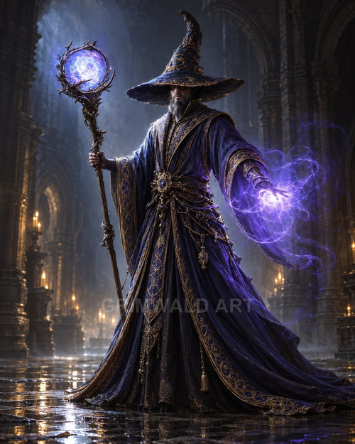 Bearded wizard in ornate purple-blue robes casts violet energy with a crystal-topped staff inside a candlelit gothic cathedral with wet stone floor.