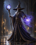 GRID THUMBNAIL — Bearded wizard in ornate purple-blue robes casts violet energy with a crystal-topped staff inside a candlelit gothic cathedral with wet stone floor.