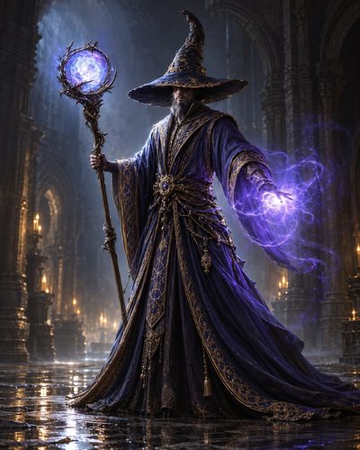 GRID THUMBNAIL — Bearded wizard in ornate purple-blue robes casts violet energy with a crystal-topped staff inside a candlelit gothic cathedral with wet stone floor.