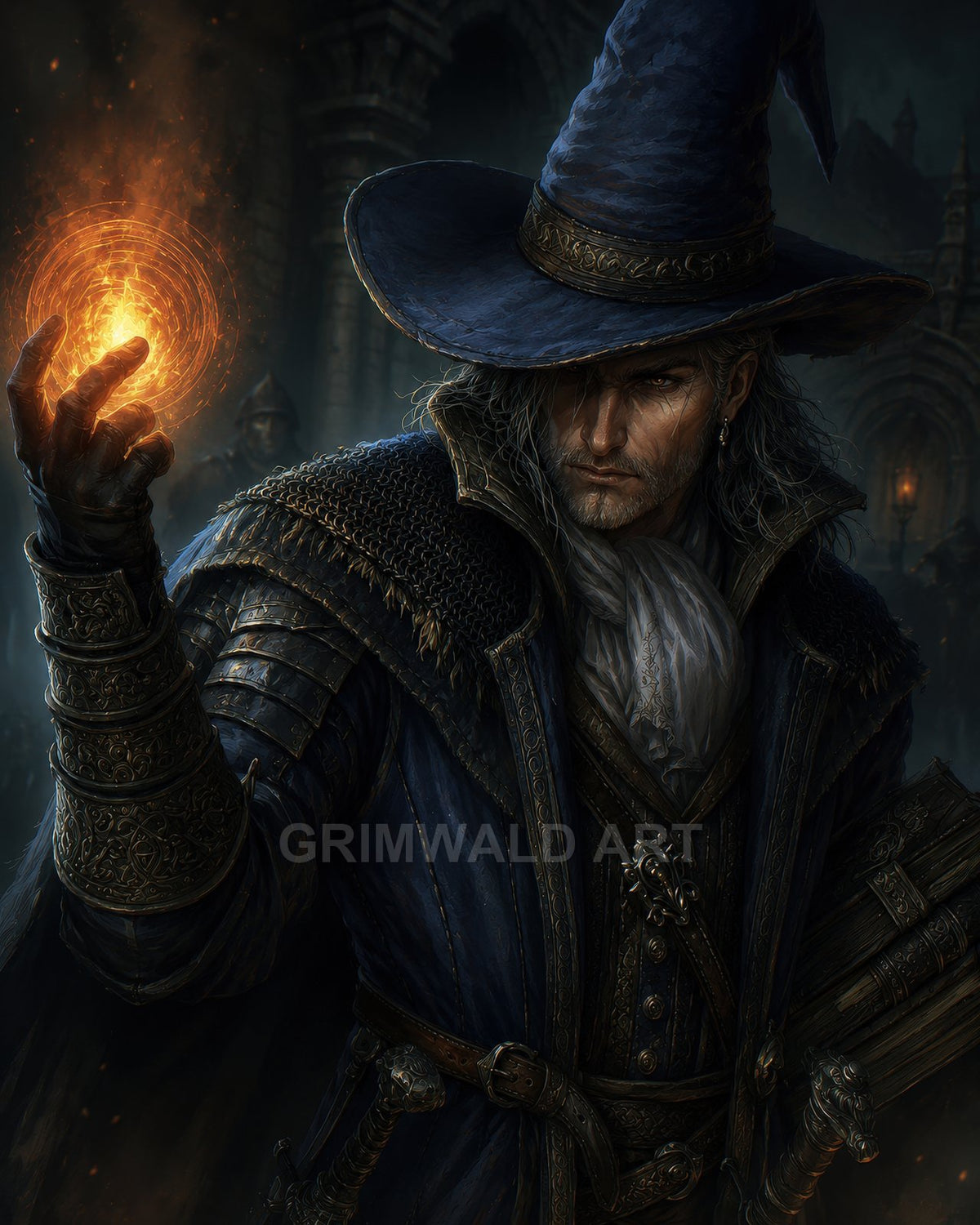 A male wizard in blue robes and wide hat conjures a fiery orb at night before gothic arches, carrying a sword and book.