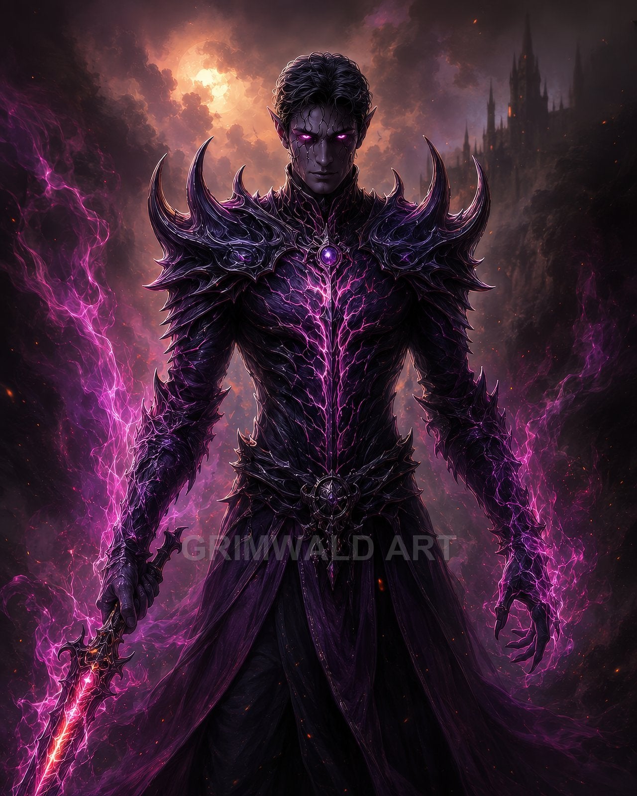 Armoured elf with glowing purple eyes and crackling energy blade stands before a distant gothic castle under a brooding, stormy twilight sky.