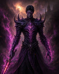 GRID THUMBNAIL — Armoured elf with glowing purple eyes and crackling energy blade stands before a distant gothic castle under a brooding, stormy twilight sky.