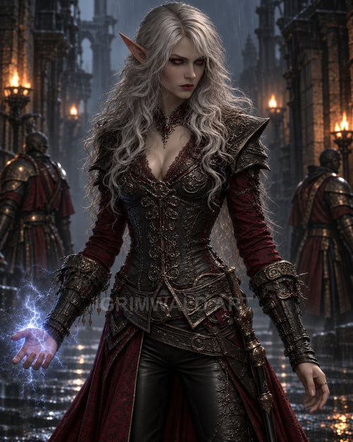 Armoured elven sorceress with red eyes conjures blue lightning in a torchlit gothic castle courtyard, flanked by stern guards under wet night skies.