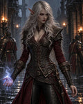 GRID THUMBNAIL — Armoured elven sorceress with red eyes conjures blue lightning in a torchlit gothic castle courtyard, flanked by stern guards under wet night skies.