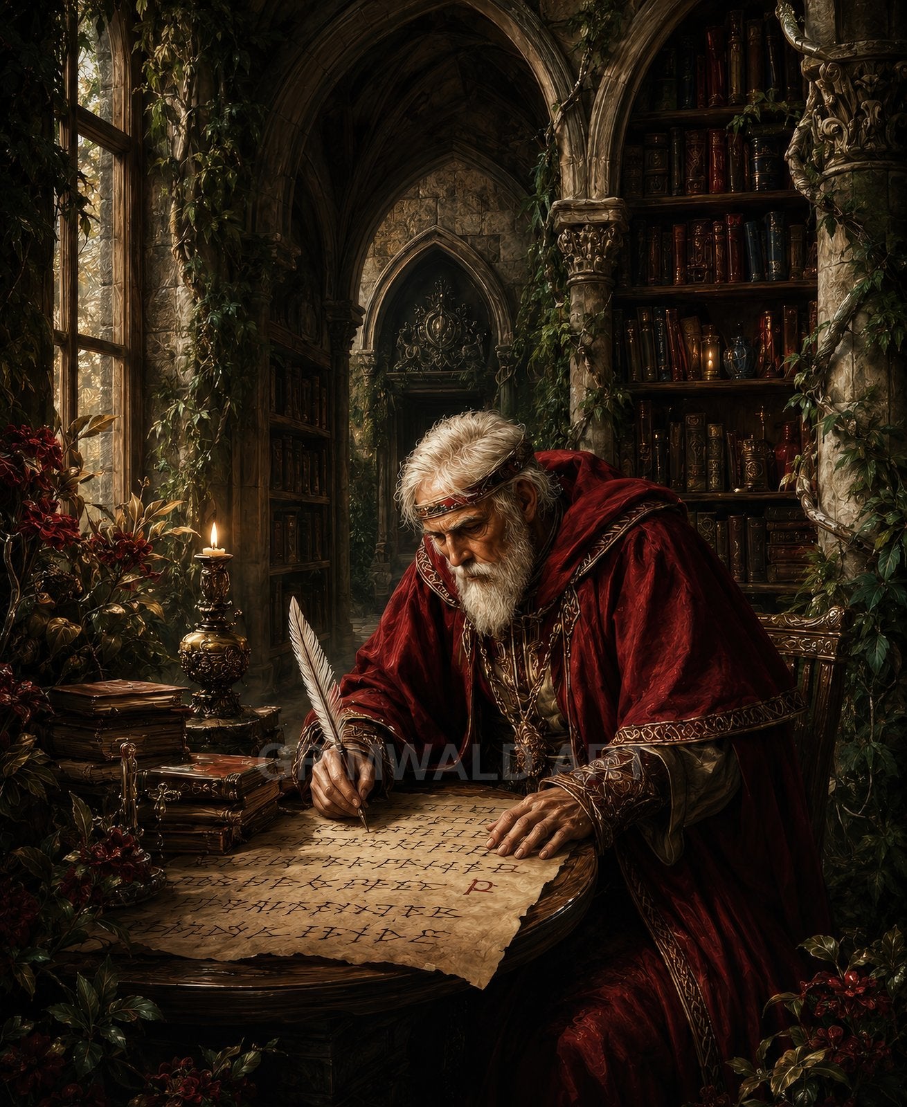 Elderly wizard in red robes writes runes with a quill at a candlelit table inside a gothic library lined with books and ivy.
