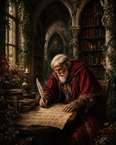 GRID THUMBNAIL — Elderly wizard in red robes writes runes with a quill at a candlelit table inside a gothic library lined with books and ivy.