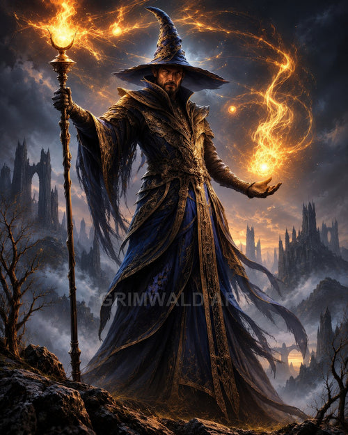 A robed wizard with a pointed hat conjures golden fire with a staff amid misty gothic ruins and mountains under twilight skies.