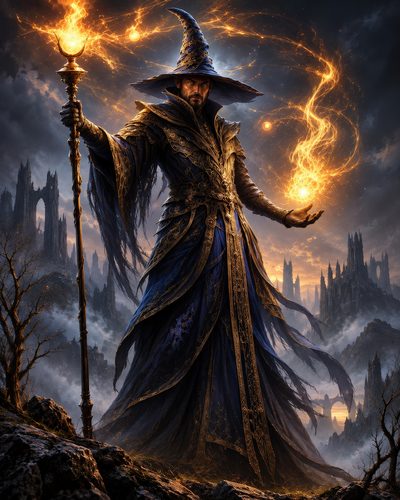 GRID THUMBNAIL — A robed wizard with a pointed hat conjures golden fire with a staff amid misty gothic ruins and mountains under twilight skies.