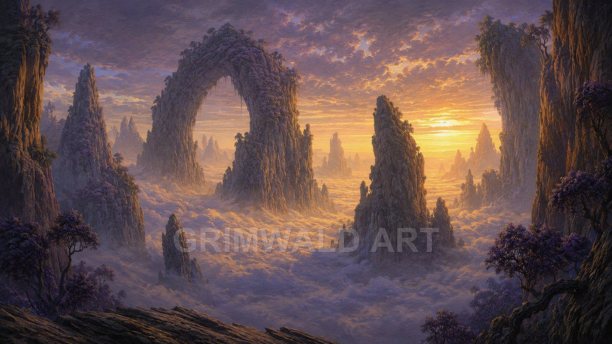 Fantastical mountain landscape with a colossal stone arch above a sea of clouds at sunset, purple trees clinging to jagged cliffs.
