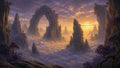 GRID THUMBNAIL — Fantastical mountain landscape with a colossal stone arch above a sea of clouds at sunset, purple trees clinging to jagged cliffs.