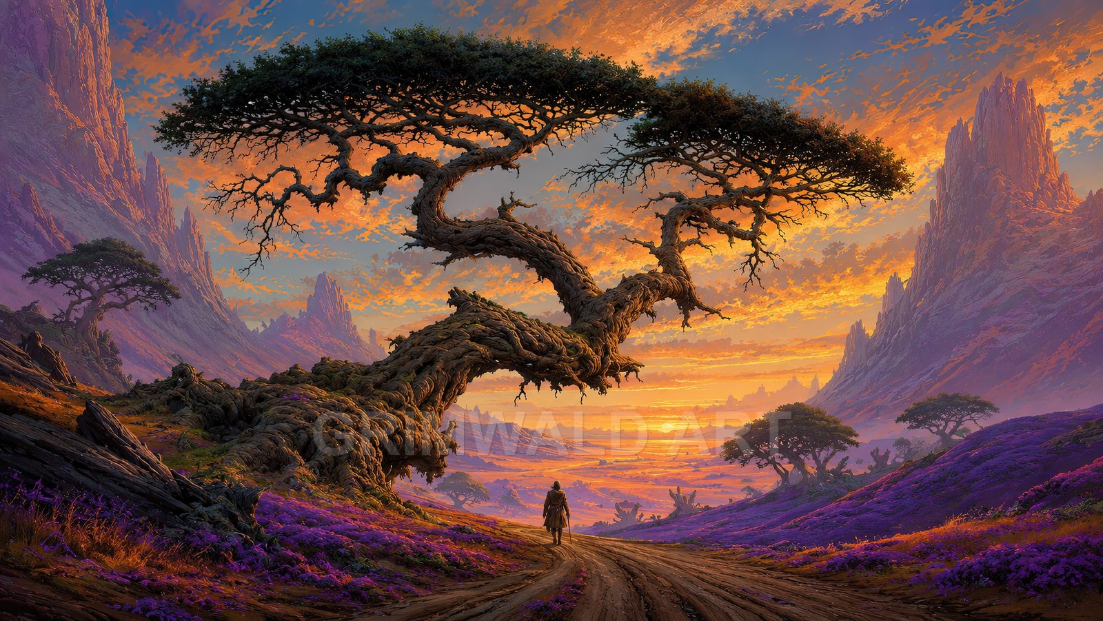 A lone traveller walks a dirt path beneath a massive, gnarled arching tree, amid purple hills and jagged mountains under a glowing sunset sky.