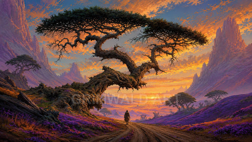A lone traveller walks a dirt path beneath a massive, gnarled arching tree, amid purple hills and jagged mountains under a glowing sunset sky.
