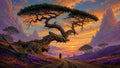 GRID THUMBNAIL — A lone traveller walks a dirt path beneath a massive, gnarled arching tree, amid purple hills and jagged mountains under a glowing sunset sky.