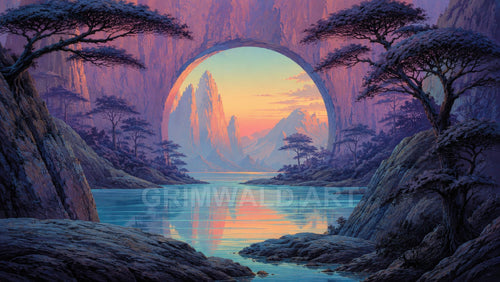 Fantastical river valley with reflective water, windswept trees, and a vast circular arch framing sunlit jagged mountains at golden hour.