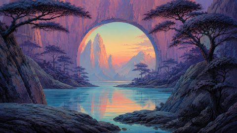 GRID THUMBNAIL — Fantastical river valley with reflective water, windswept trees, and a vast circular arch framing sunlit jagged mountains at golden hour.