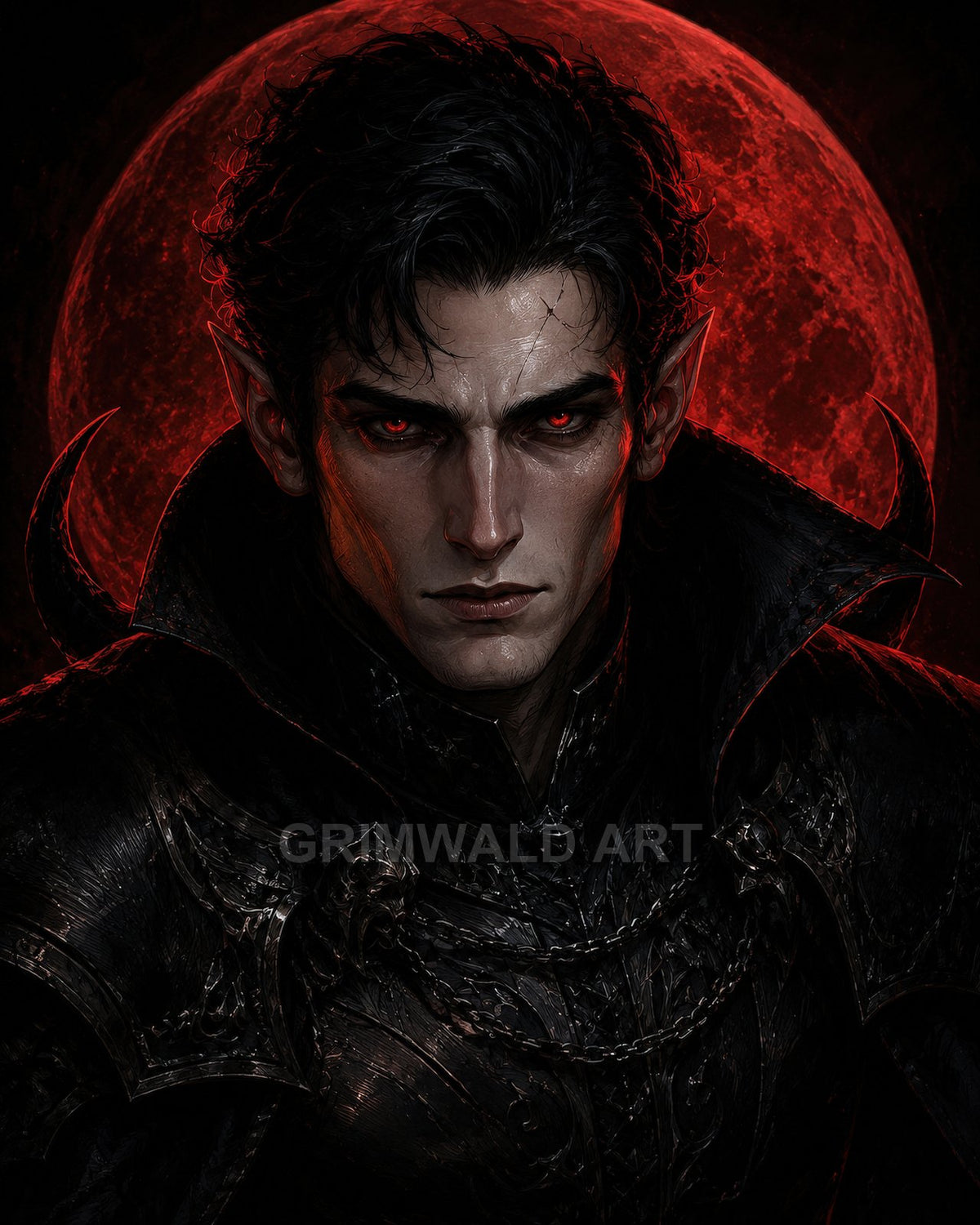 Armoured male vampire with red eyes and pointed ears before a glowing blood moon, clad in ornate black gothic armour.