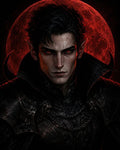GRID THUMBNAIL — Armoured male vampire with red eyes and pointed ears before a glowing blood moon, clad in ornate black gothic armour.
