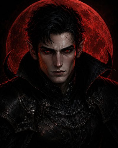 GRID THUMBNAIL — Armoured male vampire with red eyes and pointed ears before a glowing blood moon, clad in ornate black gothic armour.