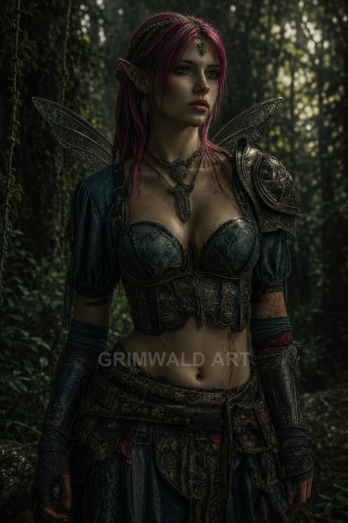 Pink-haired fae warrior with gossamer wings and ornate teal armour stands in a shadowy forest, dappled twilight light across her focused expression.