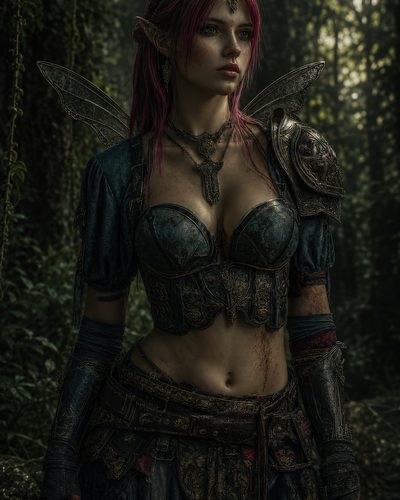 GRID THUMBNAIL — Pink-haired fae warrior with gossamer wings and ornate teal armour stands in a shadowy forest, dappled twilight light across her focused expression.