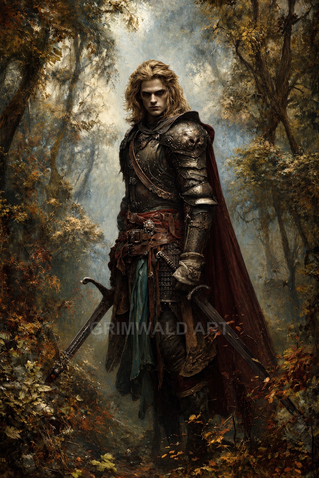 Armoured knight with long blond hair stands in an autumn forest, wearing a red cloak and wielding two swords, lit by soft, misty light.