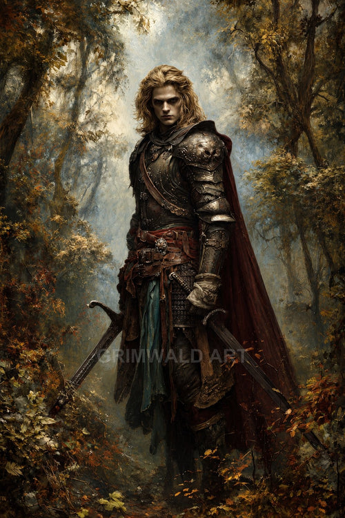 Armoured knight with long blond hair stands in an autumn forest, wearing a red cloak and wielding two swords, lit by soft, misty light.