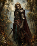 GRID THUMBNAIL — Armoured knight with long blond hair stands in an autumn forest, wearing a red cloak and wielding two swords, lit by soft, misty light.